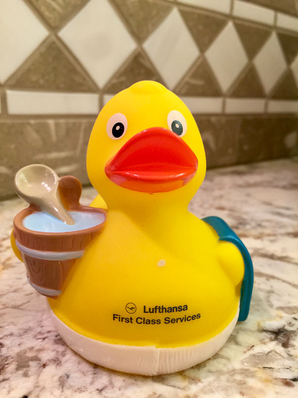 The yellow, rubber duck given to Lufthansa's First Class Passengers at their First Class Terminal/Lounge in Frankfurt, Germany