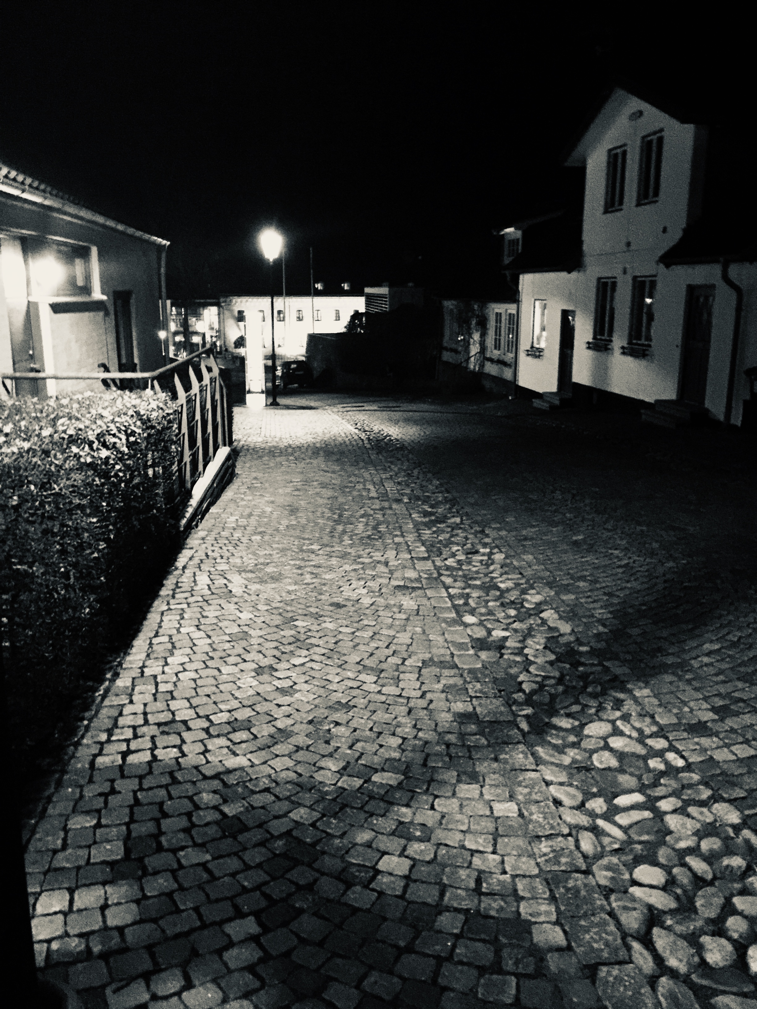 Black and White photo of Båstad Sweden after dark 